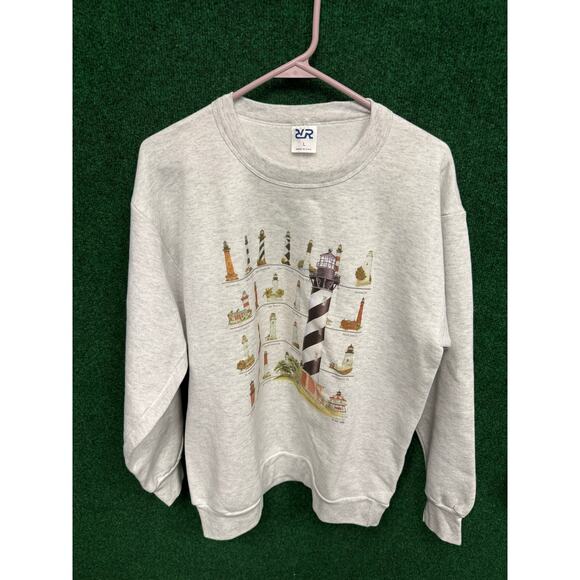 90s Lighthouse Beach Themed Gray Sweatshirt Sz Large - Picture 1 of 7